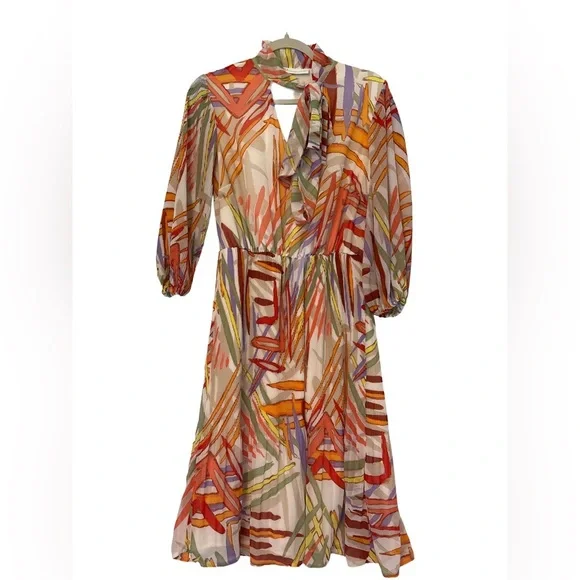 New York & Company Vibrant Patterned Balloon-Sleeve Pleated Dress - Picture 1 of 7